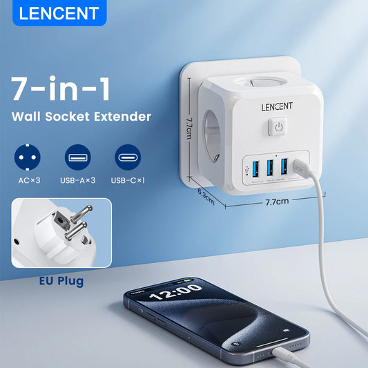 LENCENT 7-in-1 EU Plug Charger with USB and Type-C Ports - My Store